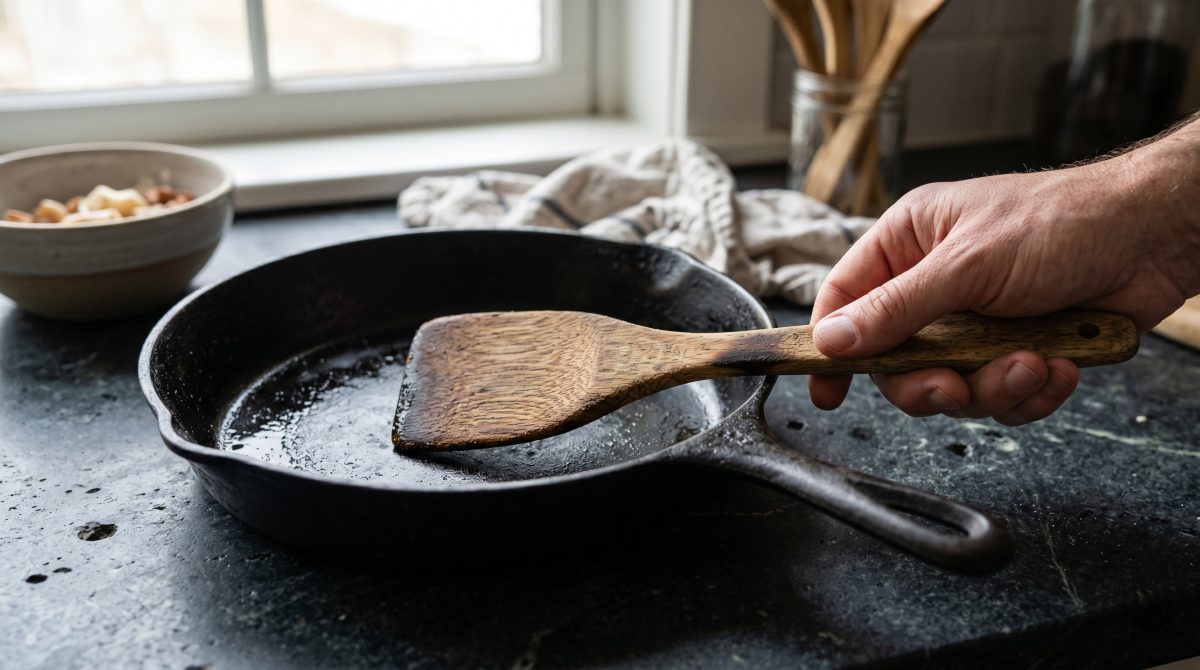Vintage cast iron skillet and wooden spatula on soapstone countertop.