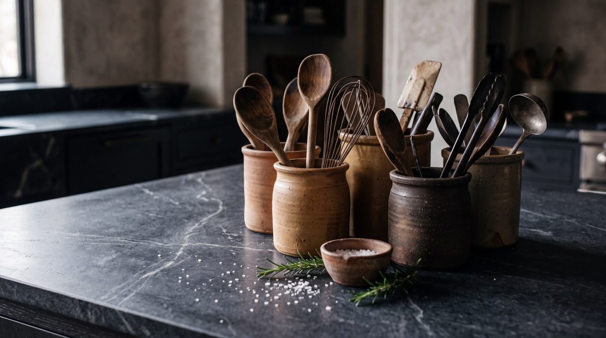 Rustic Culinary Still Life on Dark Soapstone Counter with Stoneware Crocks