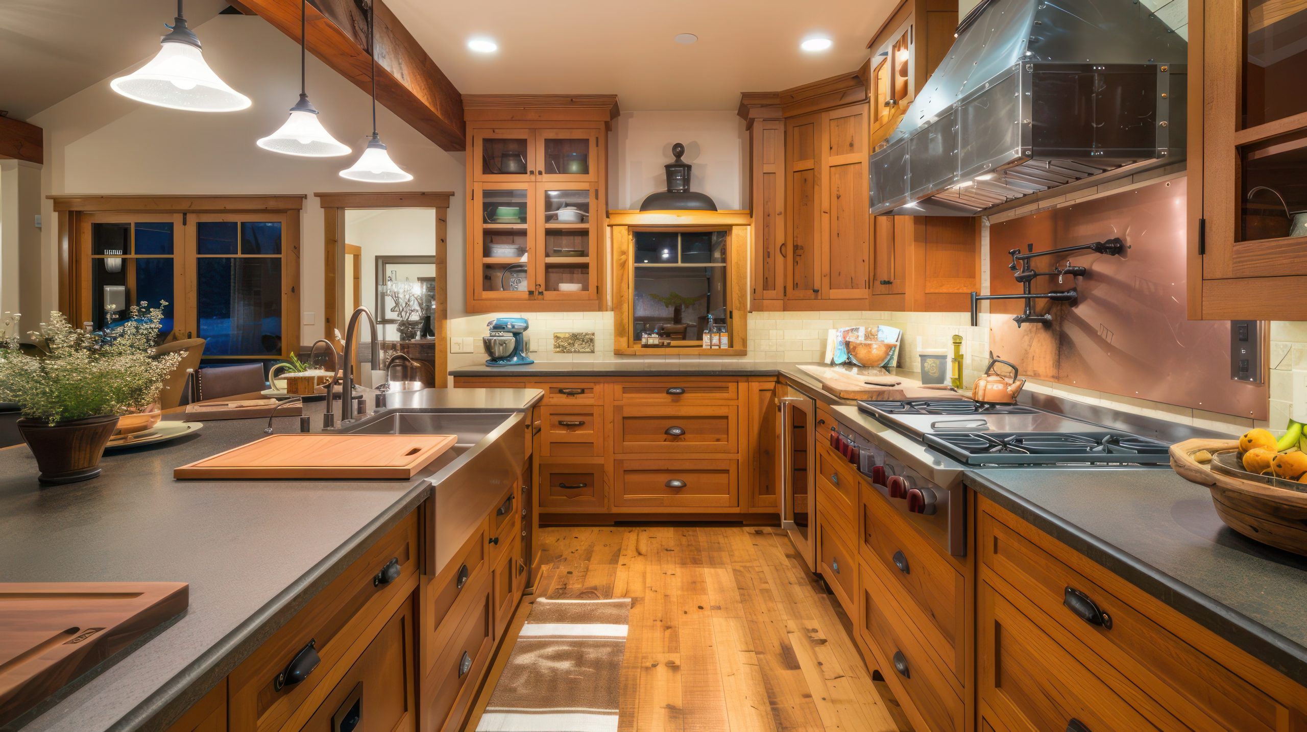 detailed craftsman kitchen with oak cabinets, soapstone countertops, and copper accents
