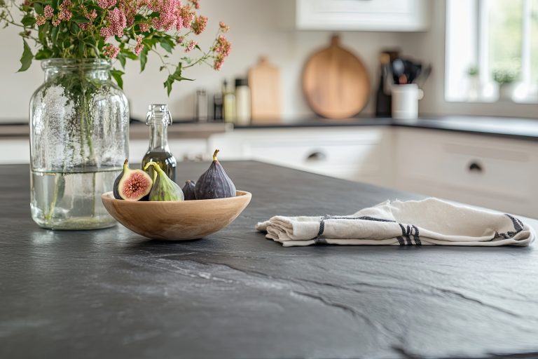 soapstone kitchen countertop with empty space for product display, a floral napkin, a bowl of figs, and a glass bottle in a modern white kitchen